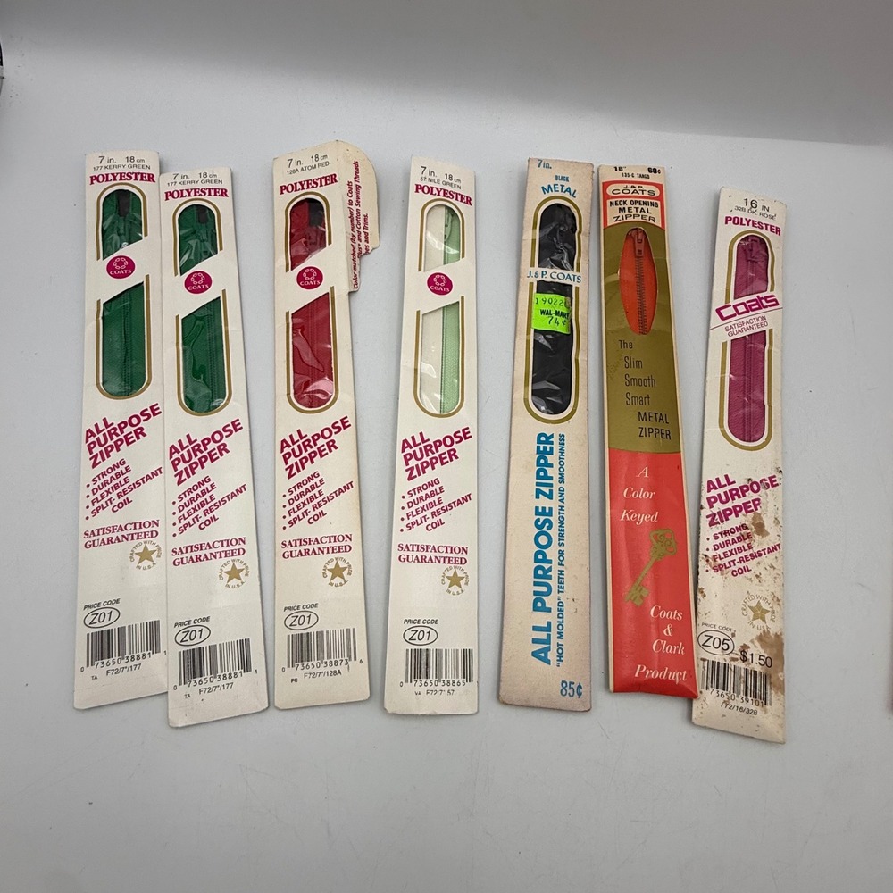 Vintage Coats & Clark Zippers Lot of 8 Mixed Colors Sizes 7 16 18 Inch Metal